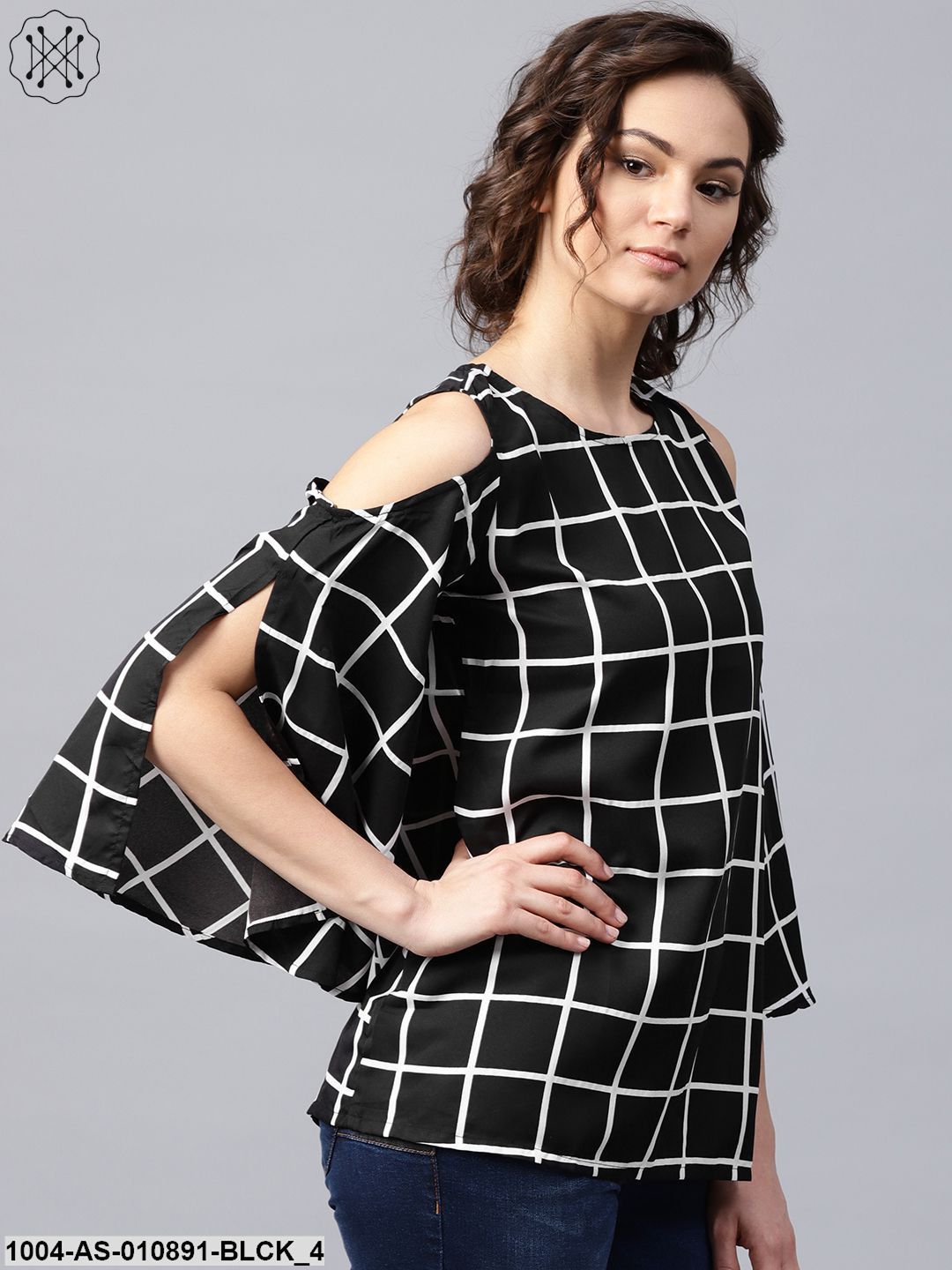 Black Checked 3/4Th Sleeve Cold Shoulder Crepe Tunic