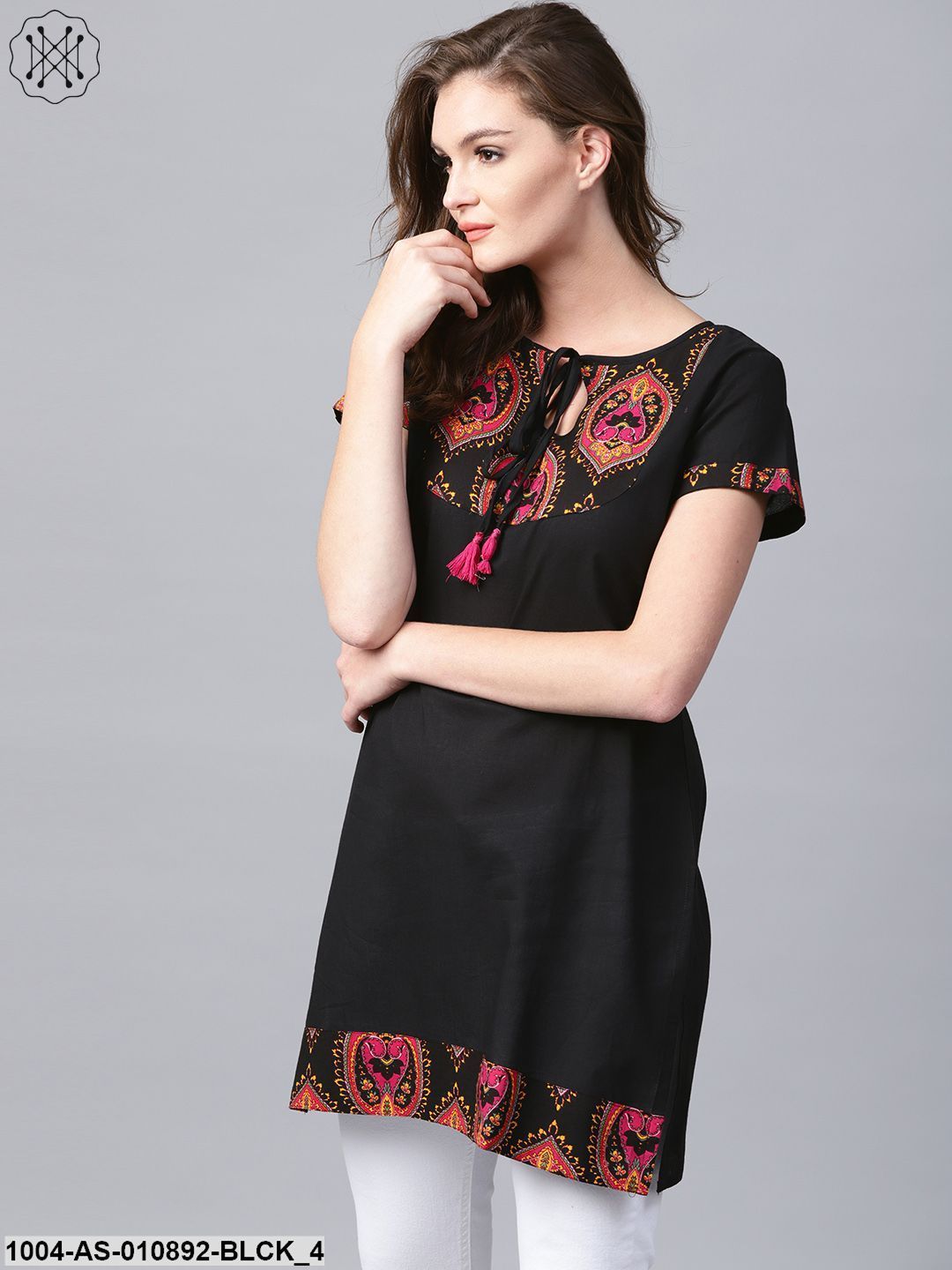 Black Yoke Printed Half Sleeve Cotton Tunic