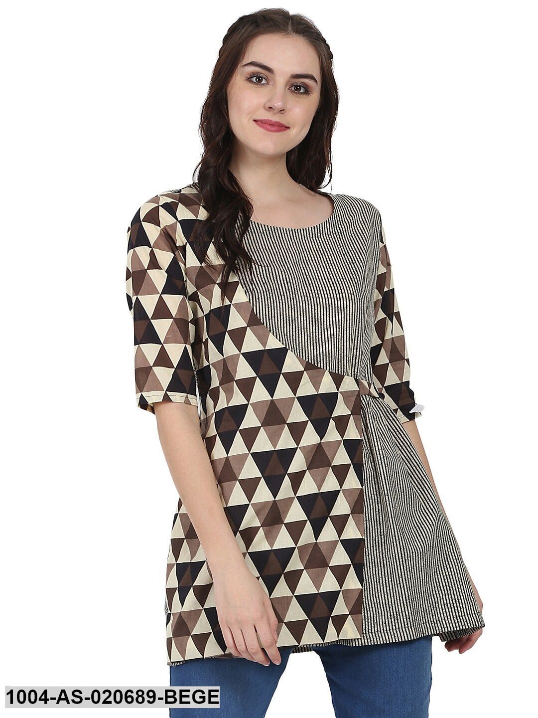 Beige & Brown Printed Layered A-Line Tunic