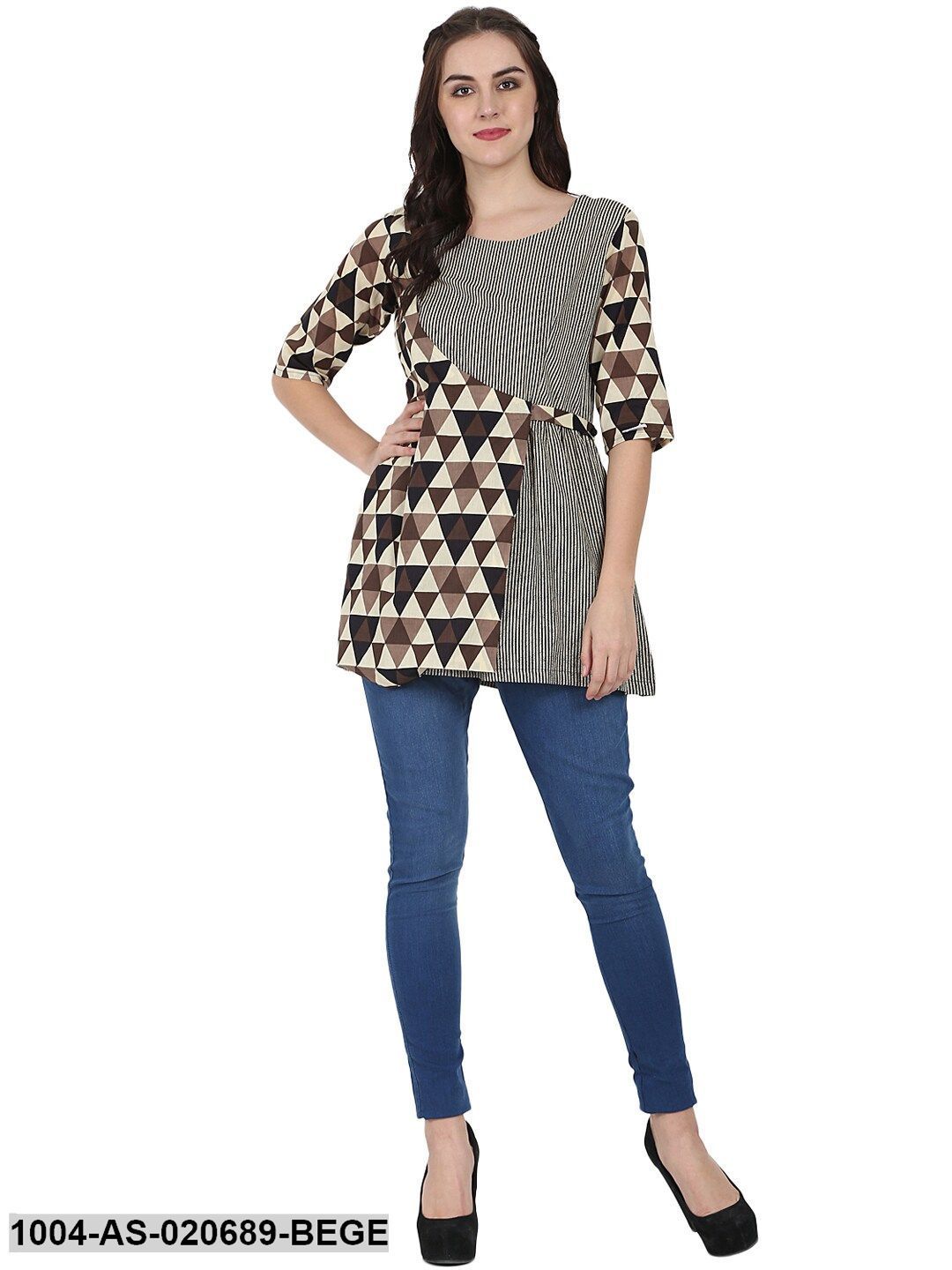 Beige & Brown Printed Layered A-Line Tunic