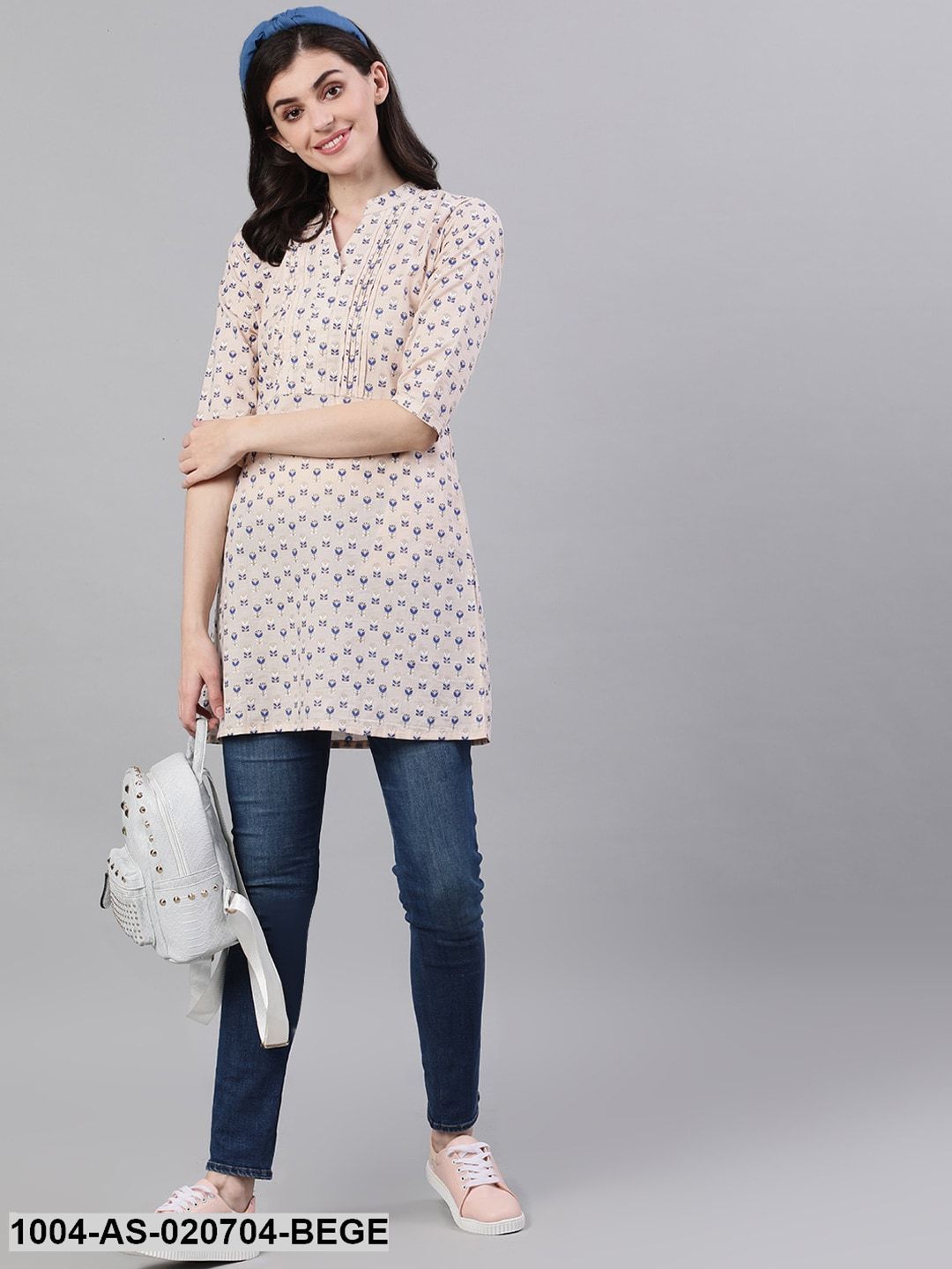 Beige & Blue Printed Tunic