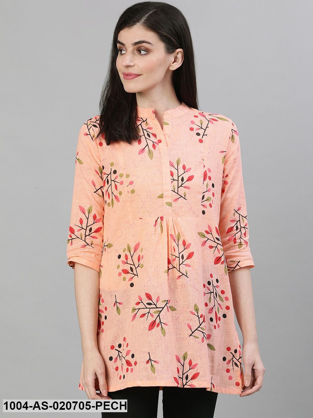 Peach-Colour & Red Printed Cotton A-Line Tunic