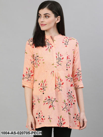 Peach-Colour & Red Printed Cotton A-Line Tunic