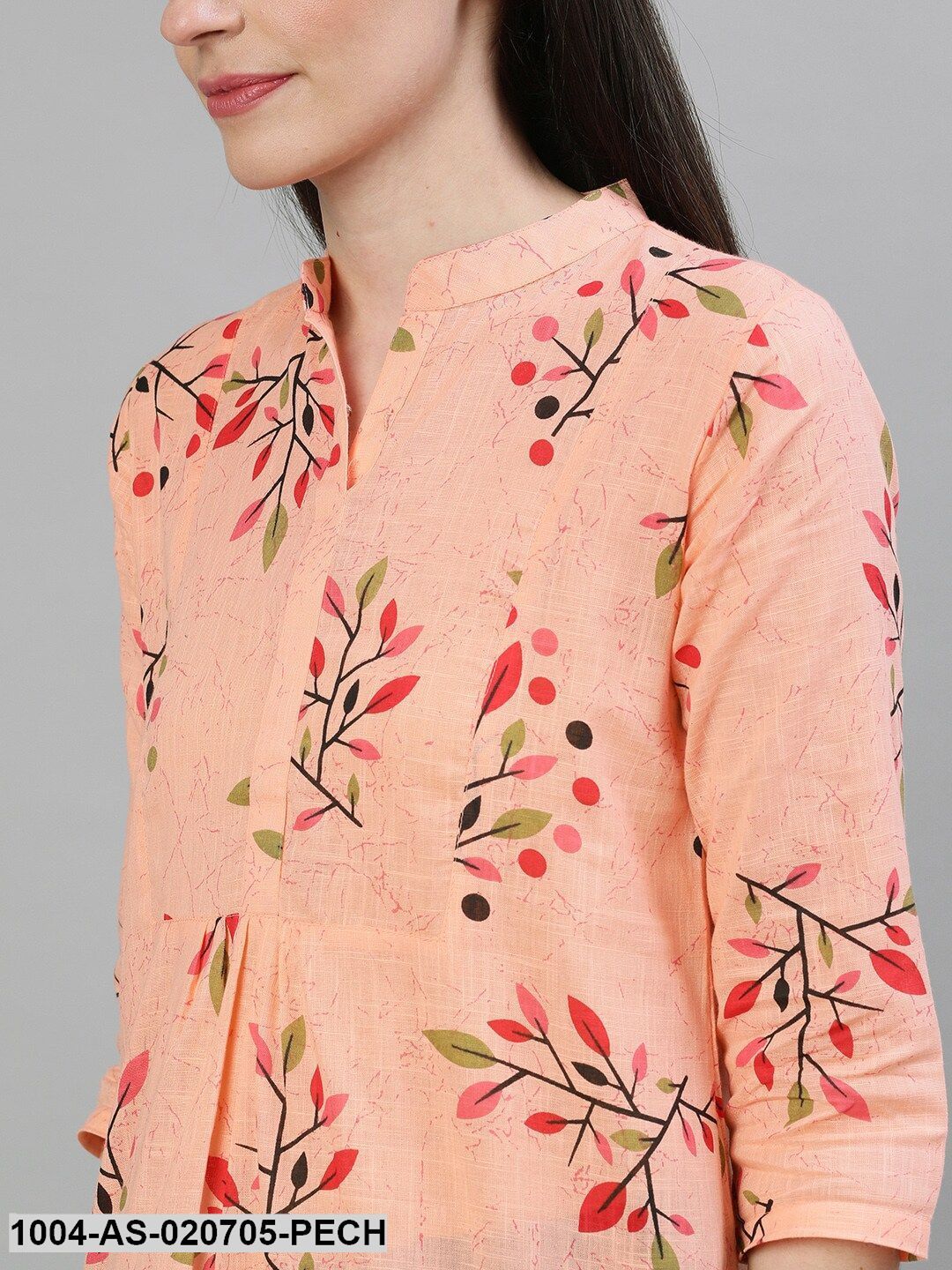 Peach-Colour & Red Printed Cotton A-Line Tunic