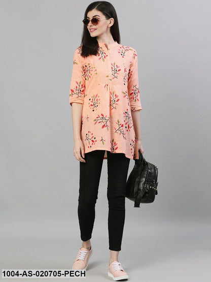 Peach-Colour & Red Printed Cotton A-Line Tunic