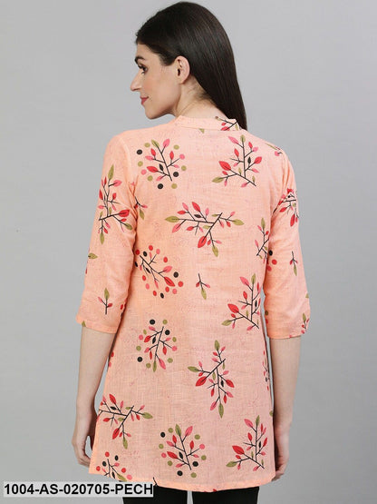 Peach-Colour & Red Printed Cotton A-Line Tunic