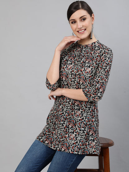 Black Printed Tunic With Three Quarter Sleeves