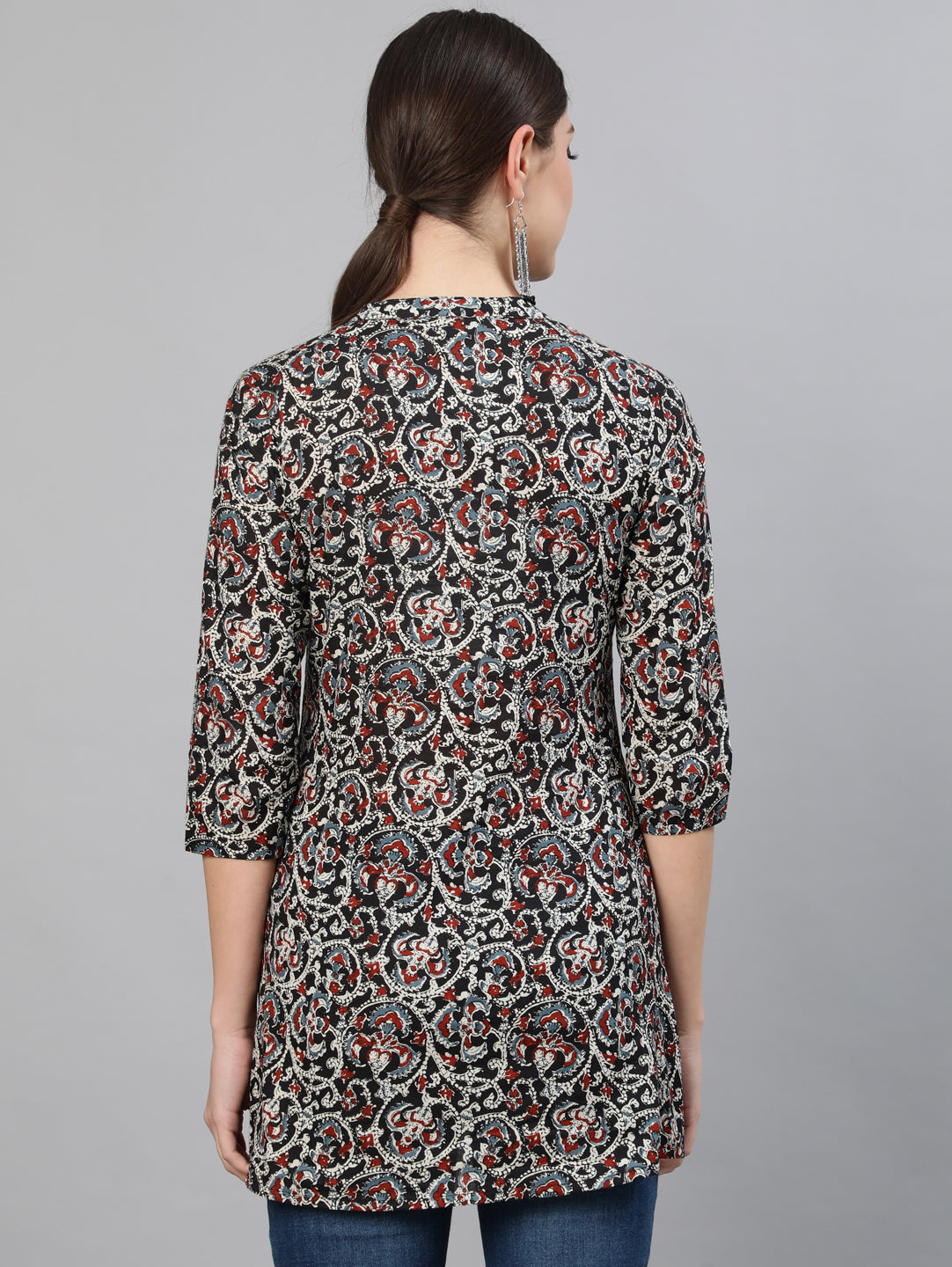 Black Printed Tunic With Three Quarter Sleeves