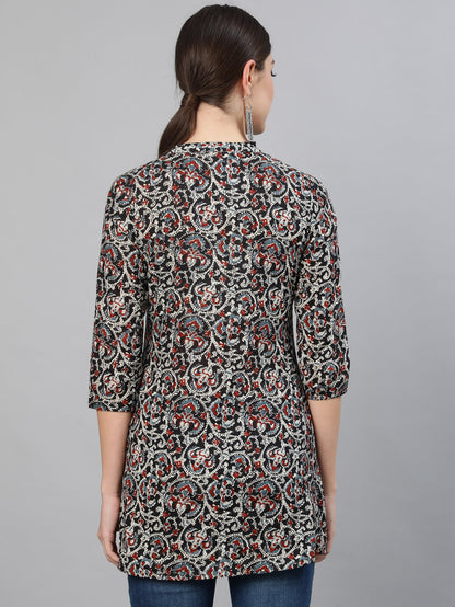 Black Printed Tunic With Three Quarter Sleeves