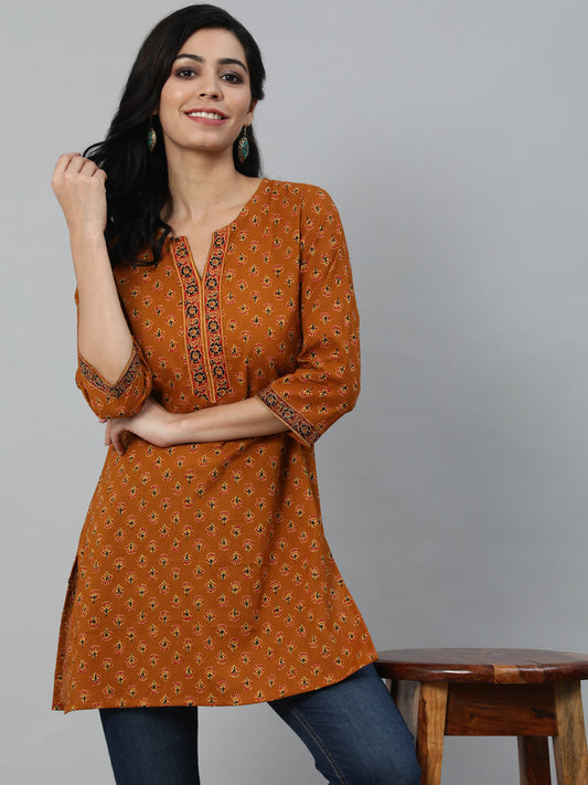 Mustard Ethnic Printed Tunic With Three Quarter Sleeves