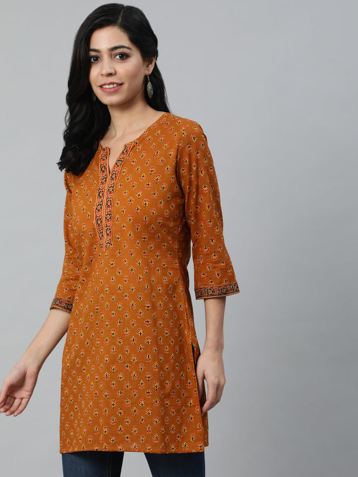 Mustard Ethnic Printed Tunic With Three Quarter Sleeves
