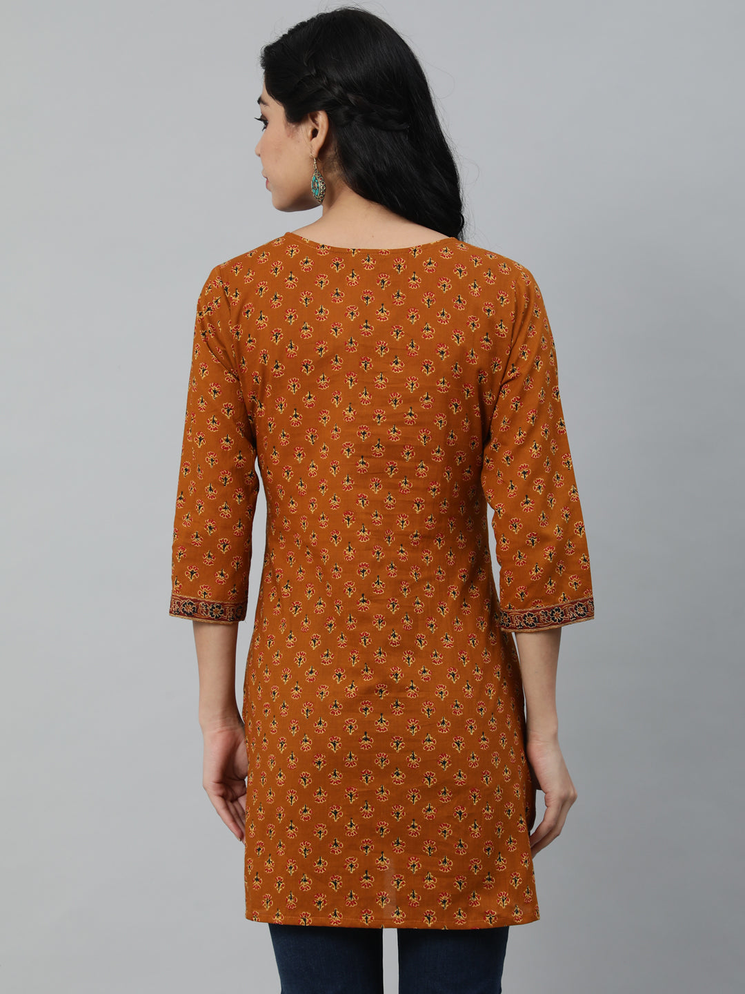Mustard Ethnic Printed Tunic With Three Quarter Sleeves