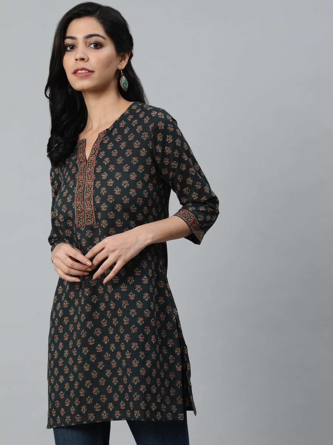 Green Printed Tunic With Three Quarter Sleeves