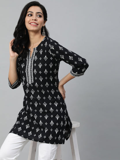 Black Ethnic Printed Straight Tunic With Three Quarter Sleeves