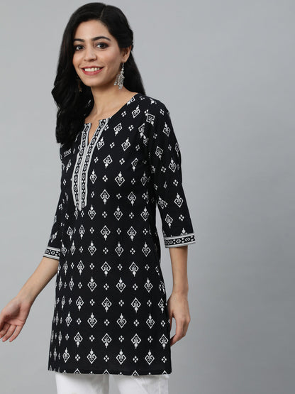 Black Ethnic Printed Straight Tunic With Three Quarter Sleeves
