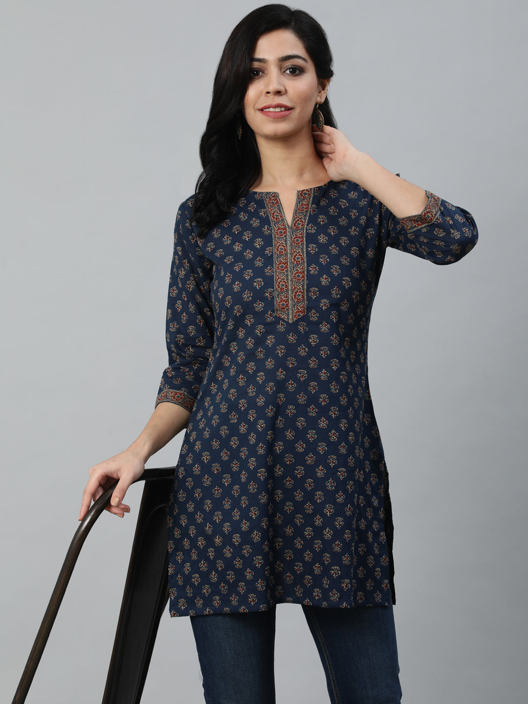 Navy Blue Printed Straight Tunic With Three Quarter Sleeves