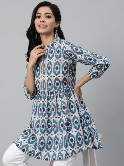 Blue Printed Tunic With Three Quarter Sleeves