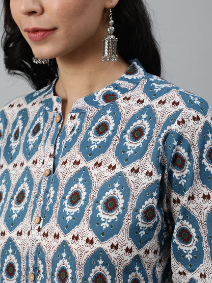Blue Printed Tunic With Three Quarter Sleeves