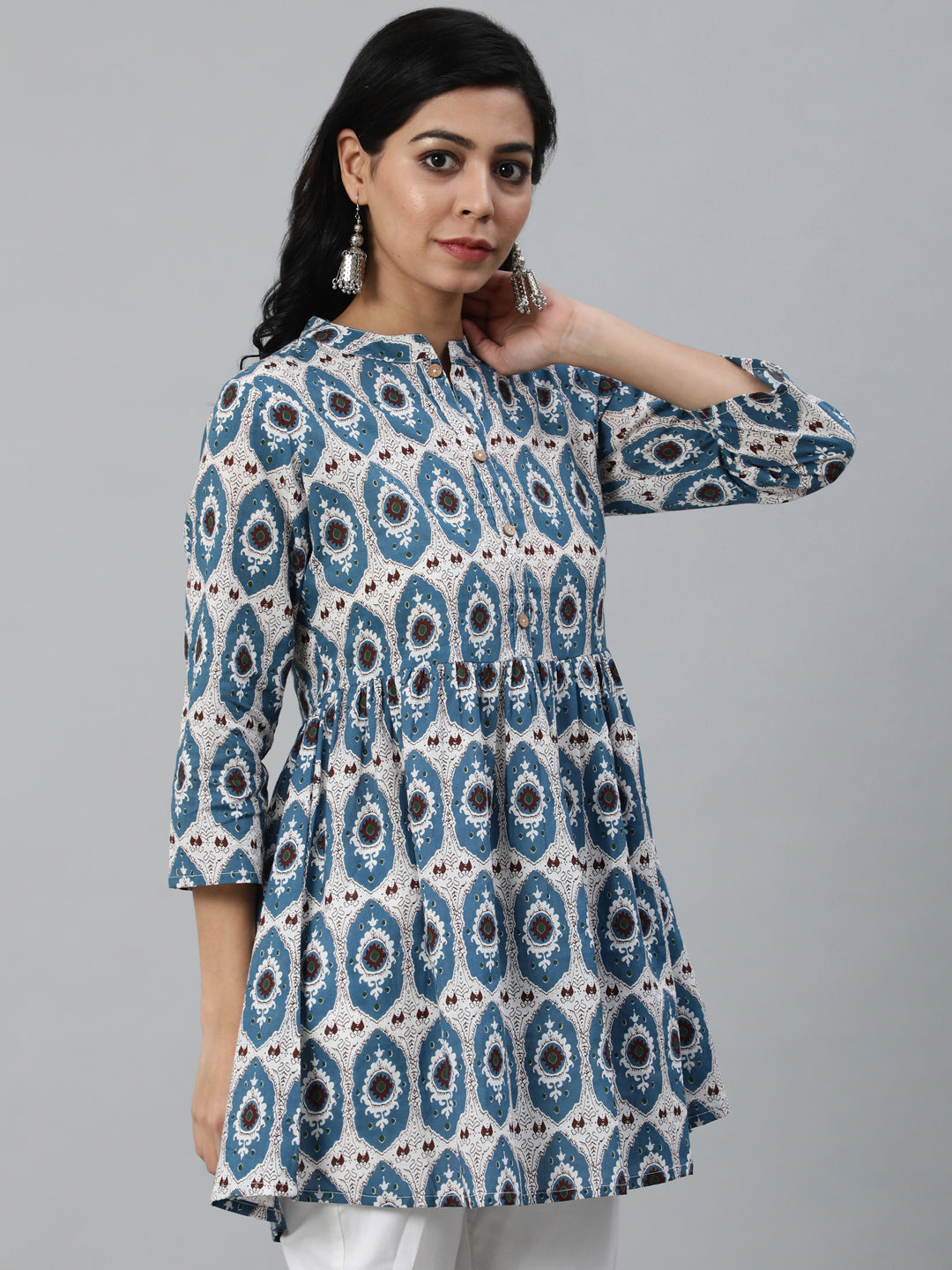 Blue Printed Tunic With Three Quarter Sleeves