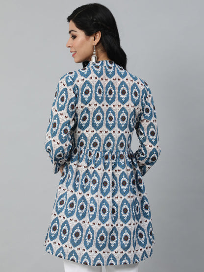 Blue Printed Tunic With Three Quarter Sleeves
