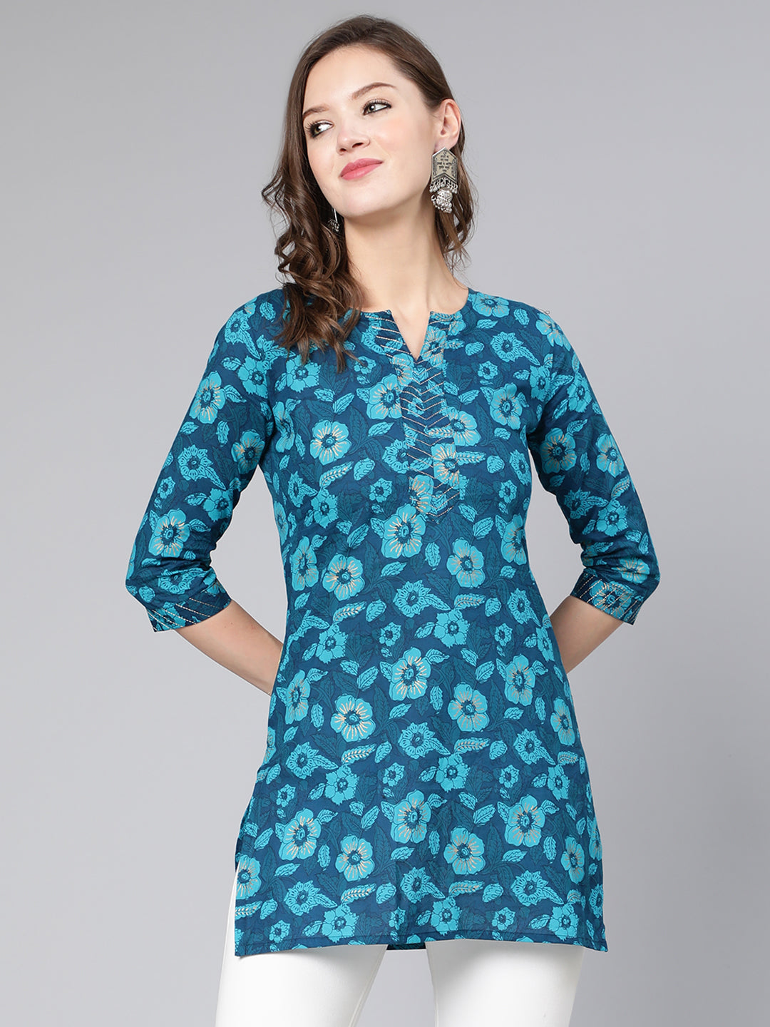 Blue Floral Printed Straight Tunic With Three Quarter Sleeves