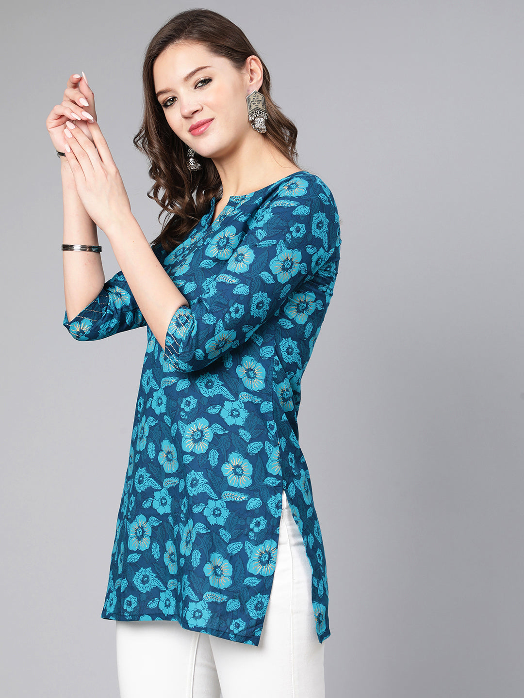 Blue Floral Printed Straight Tunic With Three Quarter Sleeves