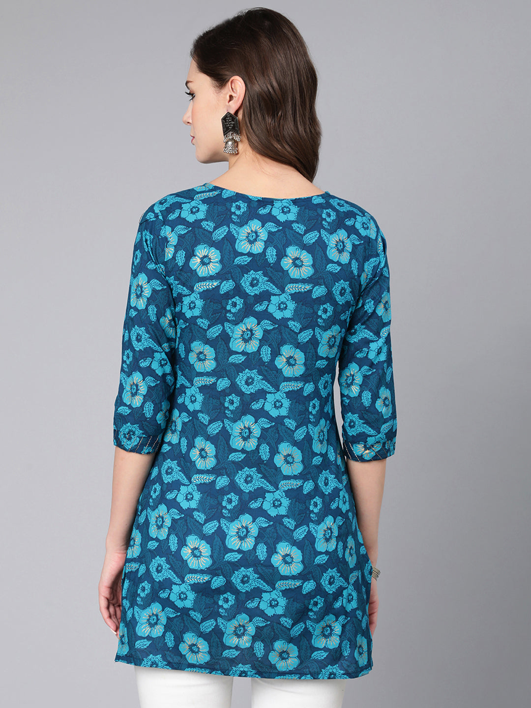Blue Floral Printed Straight Tunic With Three Quarter Sleeves