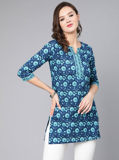 Blue Floral Printed Straight Tunic With Three Quarter Sleeves