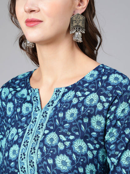 Blue Floral Printed Straight Tunic With Three Quarter Sleeves