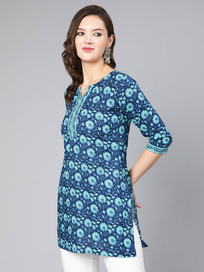Blue Floral Printed Straight Tunic With Three Quarter Sleeves