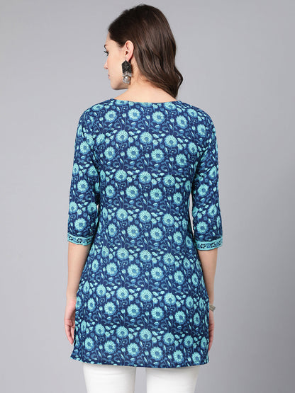 Blue Floral Printed Straight Tunic With Three Quarter Sleeves