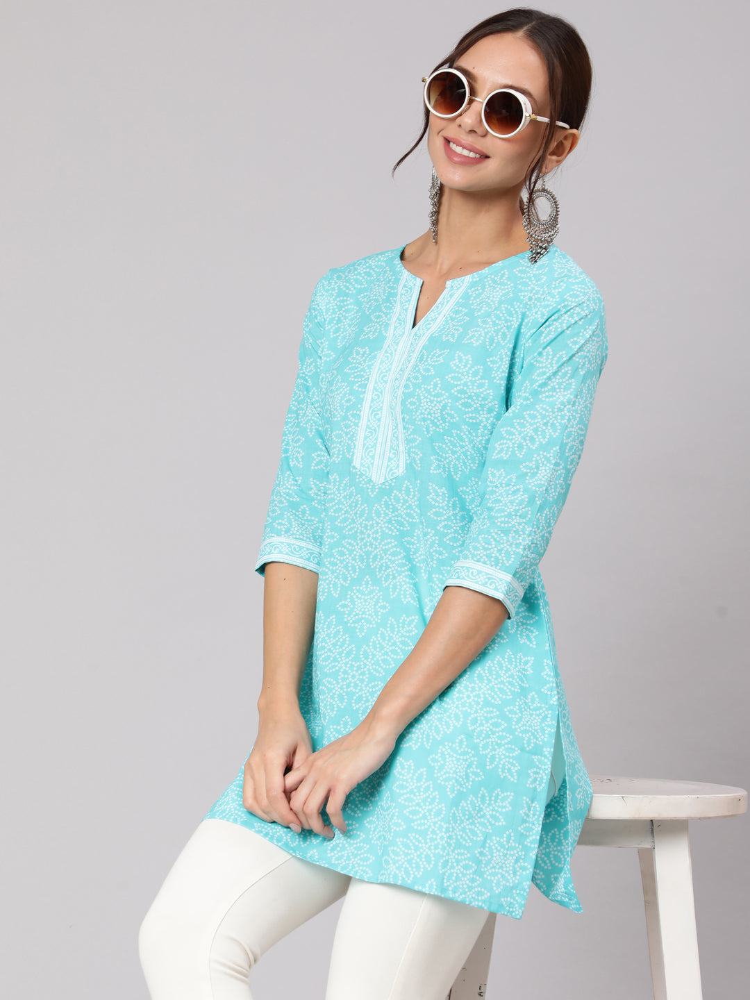 Aqua Blue Bandhani Printed Straight Tunic