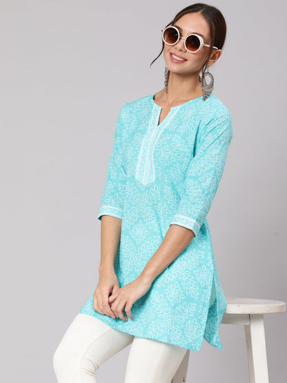 Aqua Blue Bandhani Printed Straight Tunic