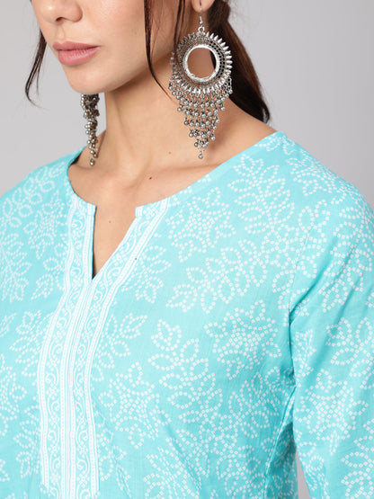 Aqua Blue Bandhani Printed Straight Tunic