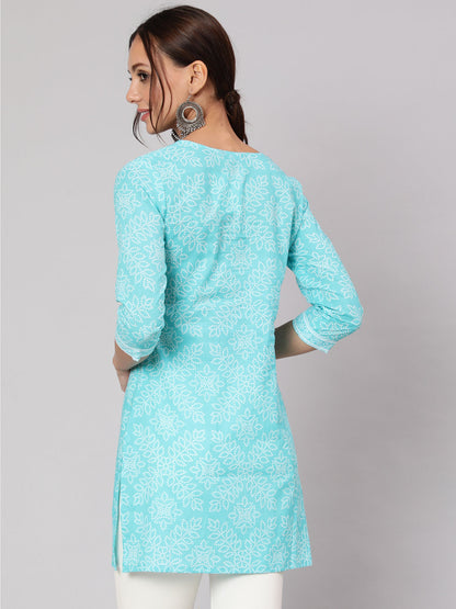Aqua Blue Bandhani Printed Straight Tunic