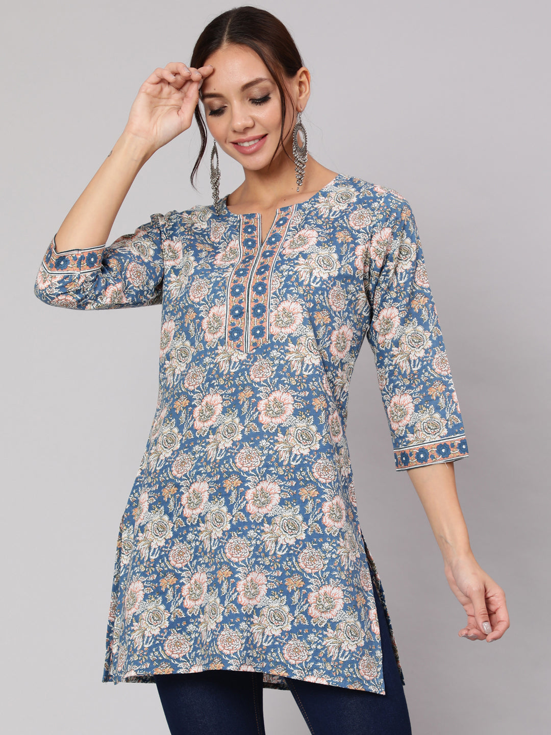 Blue & Pink Floral Printed Straight Tunic With Three Quarter Sleeves