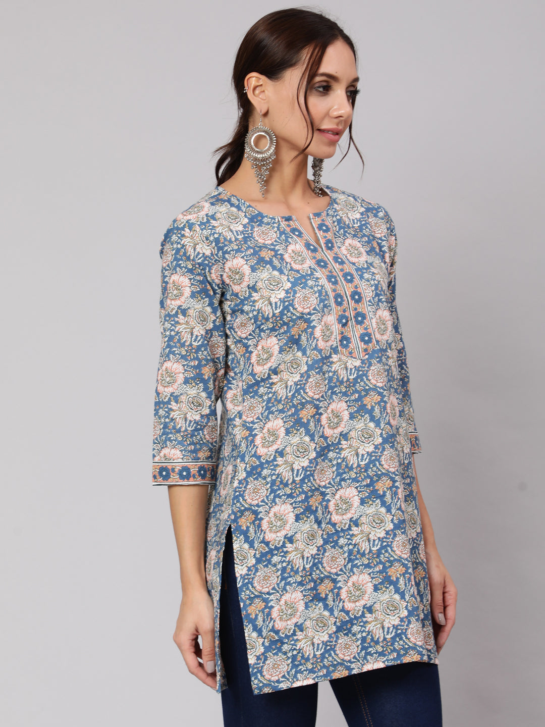 Blue & Pink Floral Printed Straight Tunic With Three Quarter Sleeves
