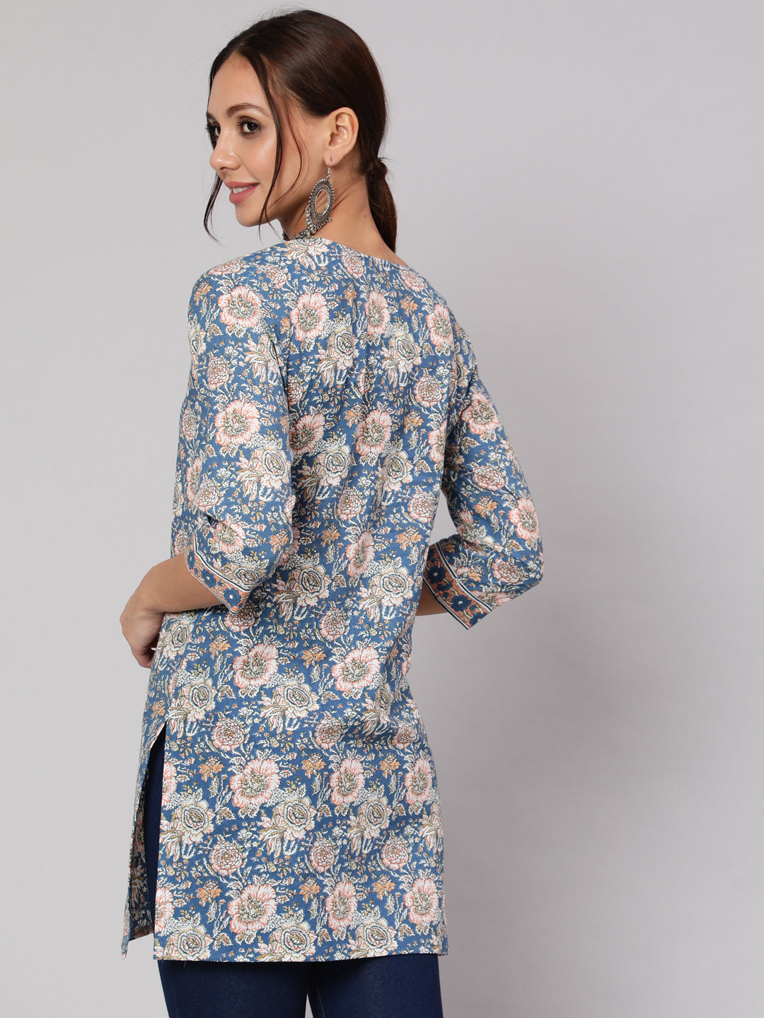 Blue & Pink Floral Printed Straight Tunic With Three Quarter Sleeves