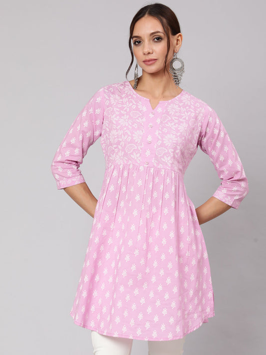 Purple Printed A-Line Tunic With Three Quarter Sleeves