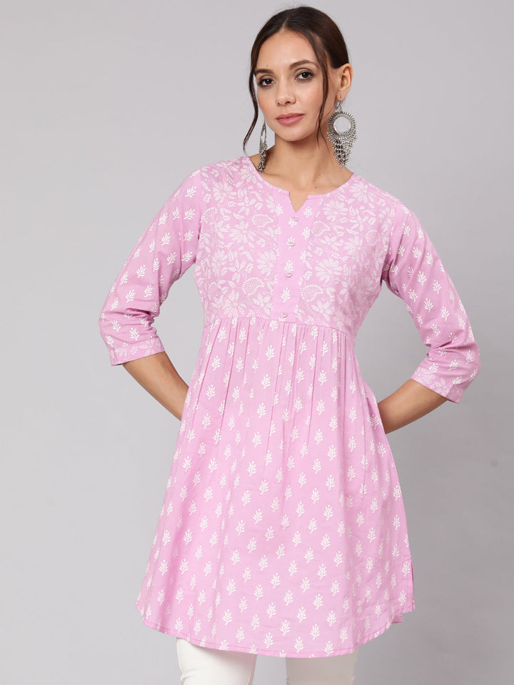 Purple Printed A-Line Tunic With Three Quarter Sleeves