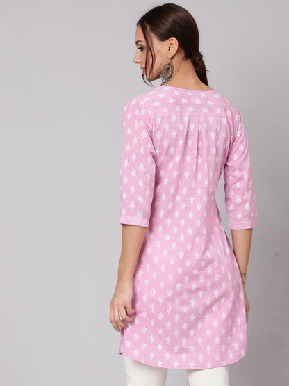 Purple Printed A-Line Tunic With Three Quarter Sleeves