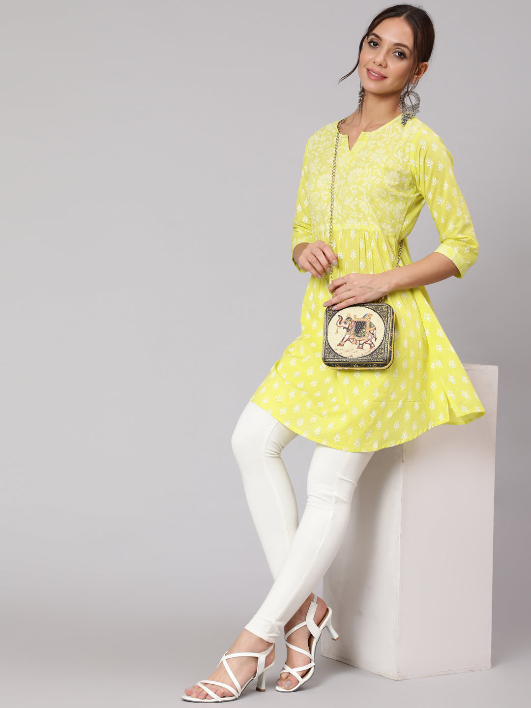 Green Printed A-Line Tunic With Three Quarter Sleeves