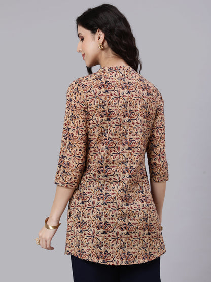 Multi Color Printed Straight Tunic With Three Quarter Sleeves