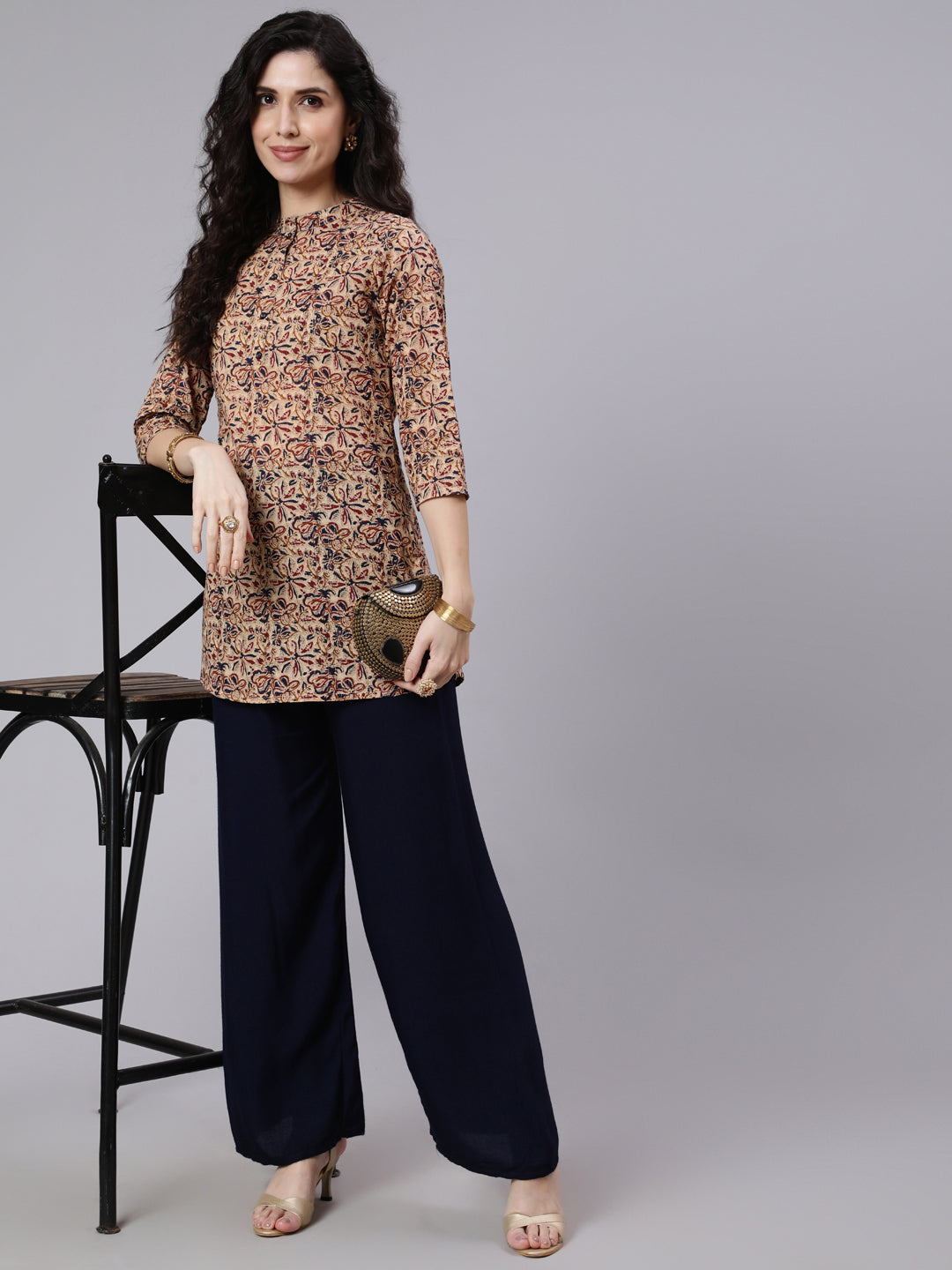Multi Color Printed Straight Tunic With Three Quarter Sleeves