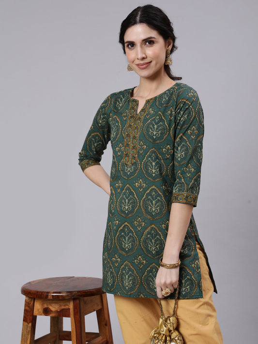 Green Ethnic Printed Tunic With Three Quarter Sleeves