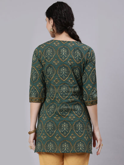 Green Ethnic Printed Tunic With Three Quarter Sleeves