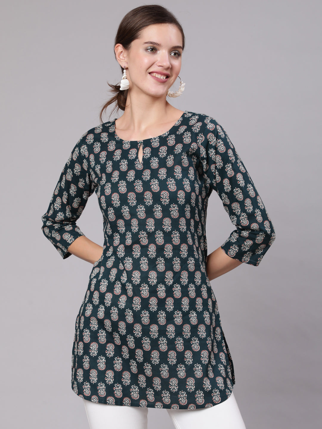 Green Ethnic Printed Straight Tunic With Three Quarter Sleeves