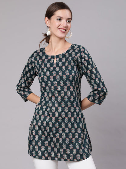 Green Ethnic Printed Straight Tunic With Three Quarter Sleeves