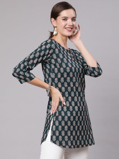 Green Ethnic Printed Straight Tunic With Three Quarter Sleeves