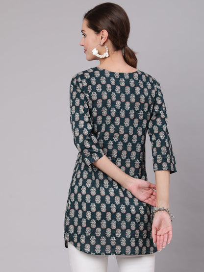 Green Ethnic Printed Straight Tunic With Three Quarter Sleeves